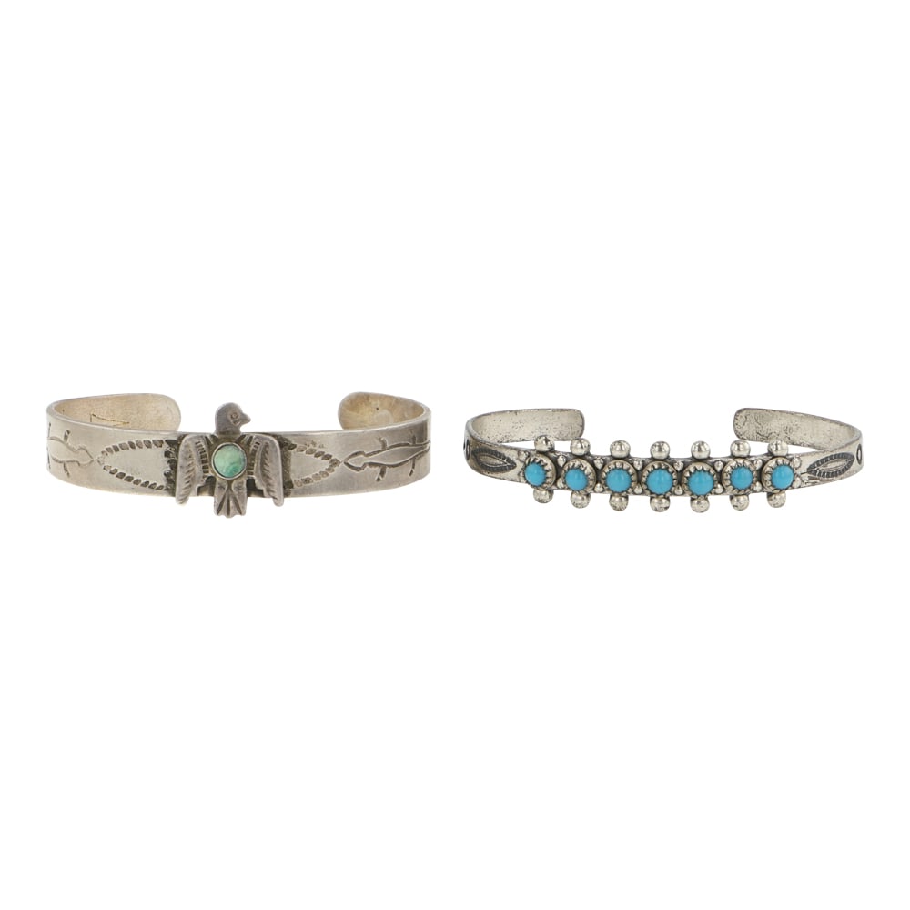 Lot of Two Vintage Fred Harvey Era Turquoise Baby Bracelets: Sterling Silver | Genuine Turquoise | Lot of Two Vintage Fred Harvey Era Turquoise Baby Bracelets | Navajo Native American Southwest Indian Jewelry | Good (no breaks or damages) | Approximate Weight: 