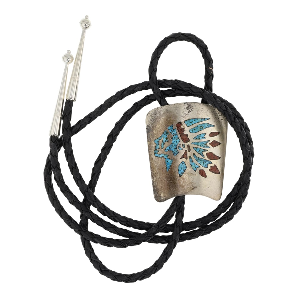 Vintage Navajo Turquoise & Coral Chip Inlay Bolo Tie: Sterling Silver | Genuine Turquoise & Coral | Vintage Navajo Turquoise & Coral Chip Inlay Bolo Tie | Navajo Native American Southwest Indian Jewelry | Good (no breaks or damages) | Approximate Weight: