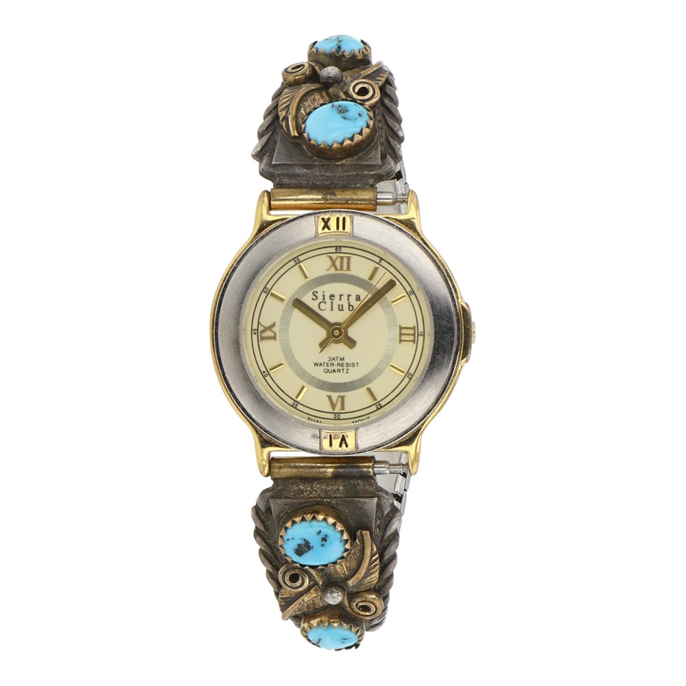 Vintage Navajo Turquoise Sterling Silver & Gold Filled Watch Bracelet: Sterling Silver | Genuine Turquoise | Vintage Navajo Turquoise Sterling Silver & Gold Filled Watch Bracelet | Navajo Native American Southwest Indian Jewelry | Good (no breaks or damages) | Approximat