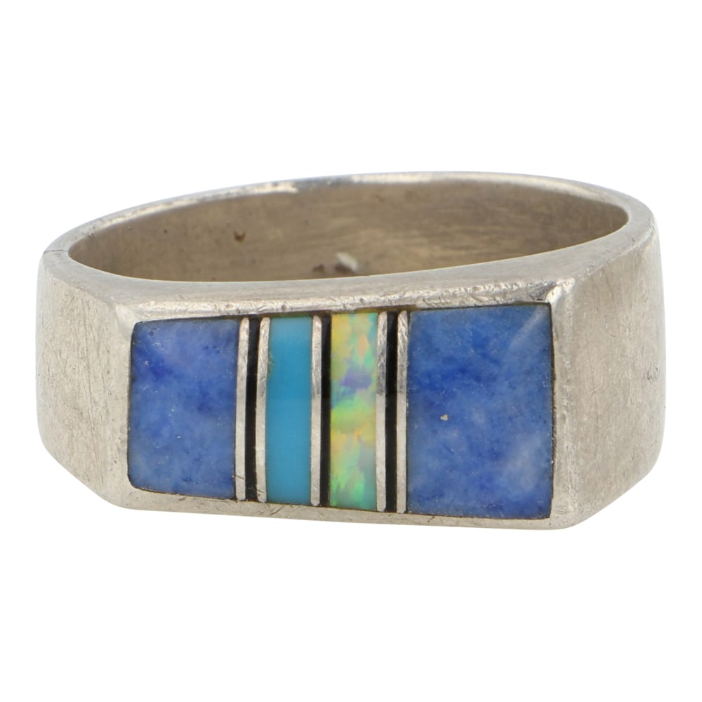 Navajo Turquoise Lapis & Opal Inlay Ring: Sterling Silver | Genuine Turquoise, Lapis & Opal | Navajo Turquoise Lapis & Opal Inlay Ring | Navajo Native American Southwest Indian Jewelry | Good (no breaks or damages) | Approximate Weight: 10 Gr