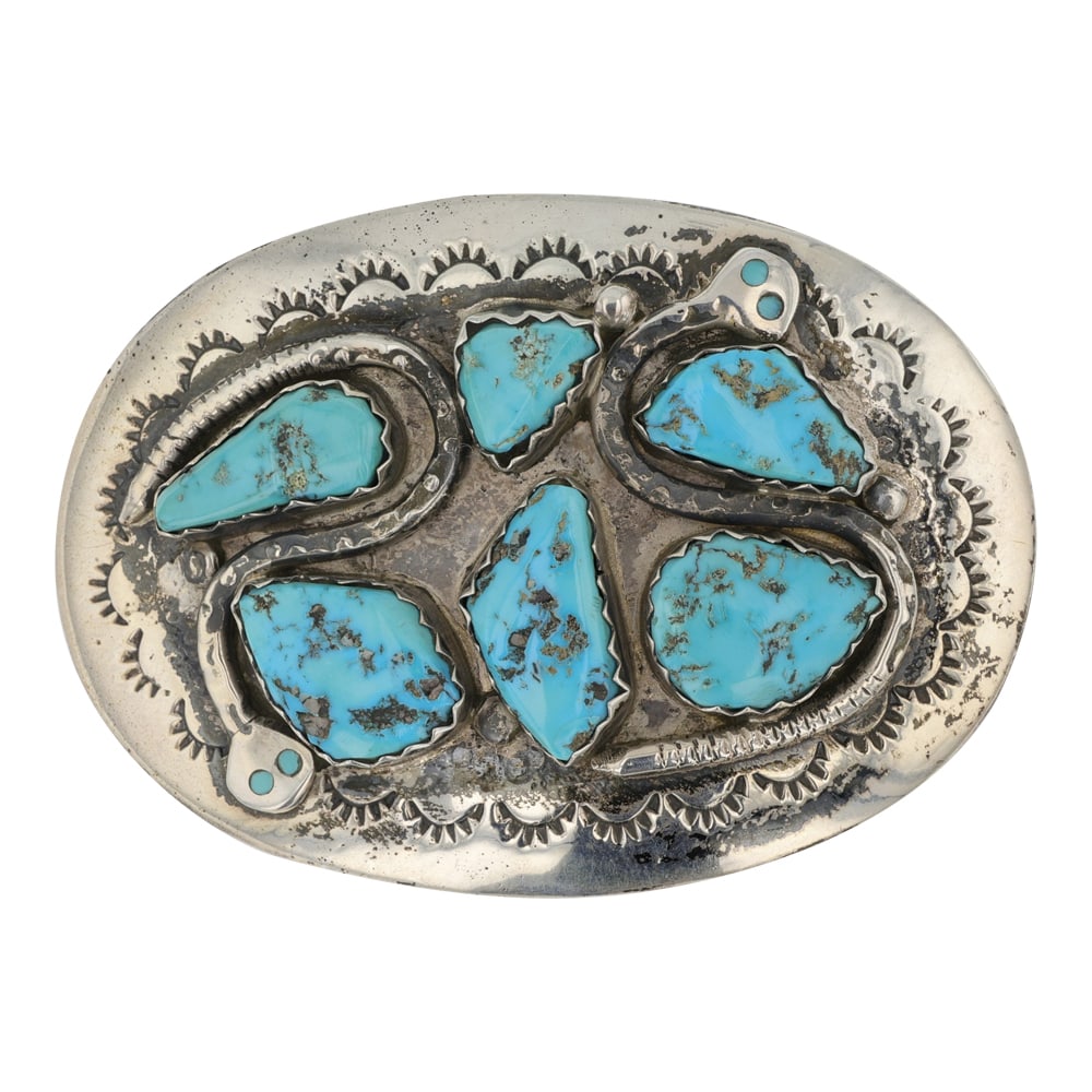 Effie Calavaza Zuni (Effie C) Kingman Turquoise Snake Belt Buckle: Sterling Silver | Genuine Turquoise | Effie Calavaza Zuni (Effie C) Kingman Turquoise Snake Belt Buckle | Zuni Native American Southwest Indian Jewelry | Good (no breaks or damages) | Approximate