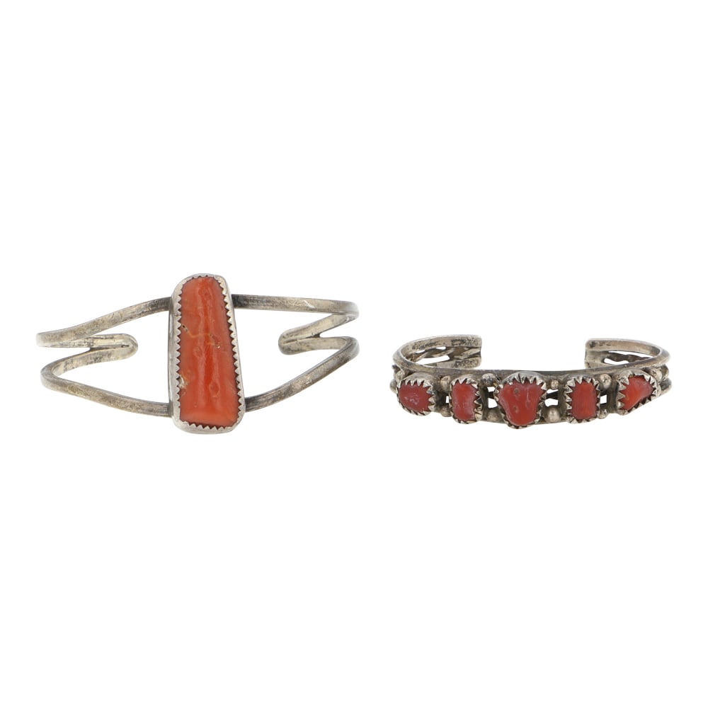 Lot of Two Vintage Navajo Mediterranean Coral Baby Bracelet: Sterling Silver | Genuine Mediterranean Coral | Lot of Two Vintage Navajo Mediterranean Coral Baby Bracelet | Navajo Native American Southwest Indian Jewelry | Good (no breaks or damages) | Approximat