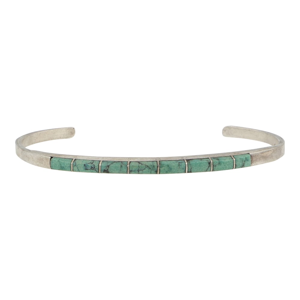 Zuni Turquoise Inlay Bracelet: Sterling Silver | Genuine Turquoise | Zuni Turquoise Inlay Bracelet | Zuni Native American Southwest Indian Jewelry | Good (no breaks or damages) | Approximate Weight: 5 Grams | Bracelet: 4.75" inner,