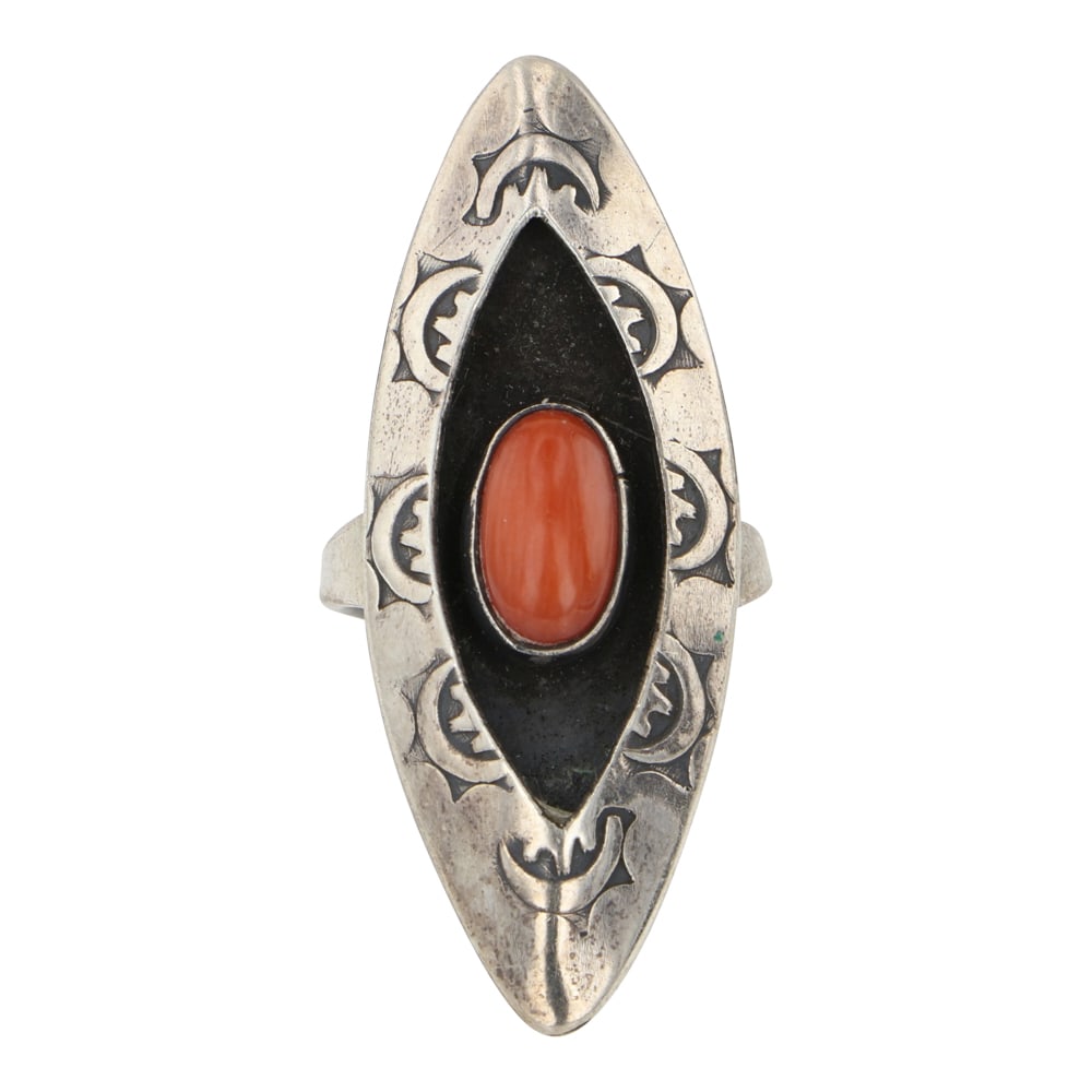 Navajo Mediterranean Coral Shadowbox Ring: Sterling Silver | Genuine Mediterranean Coral | Navajo Mediterranean Coral Shadowbox Ring | Navajo Native American Southwest Indian Jewelry | Good (no breaks or damages) | Approximate Weight: 4 Grams