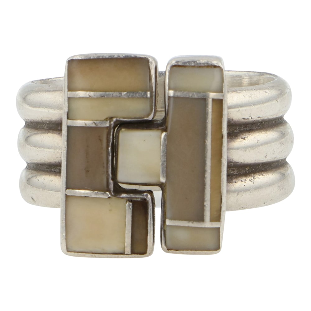 Navajo Shell Inlay Ring: Sterling Silver | Genuine Shell | Navajo Shell Inlay Ring | Navajo Native American Southwest Indian Jewelry | Good (no breaks or damages) | Approximate Weight: 10 Grams | Ring: 8 size, .75" x .5" face