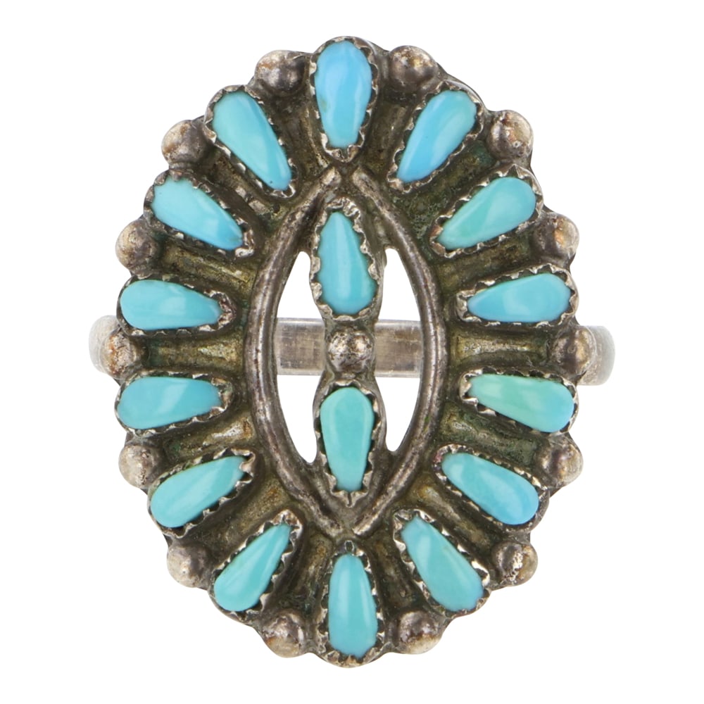 Vintage Zuni Turquoise Cluster Ring: Sterling Silver | Genuine Turquoise | Vintage Zuni Turquoise Cluster Ring | Zuni Native American Southwest Indian Jewelry | Good (no breaks or damages) | Approximate Weight: 3 Grams | Ring: 6.5 size,