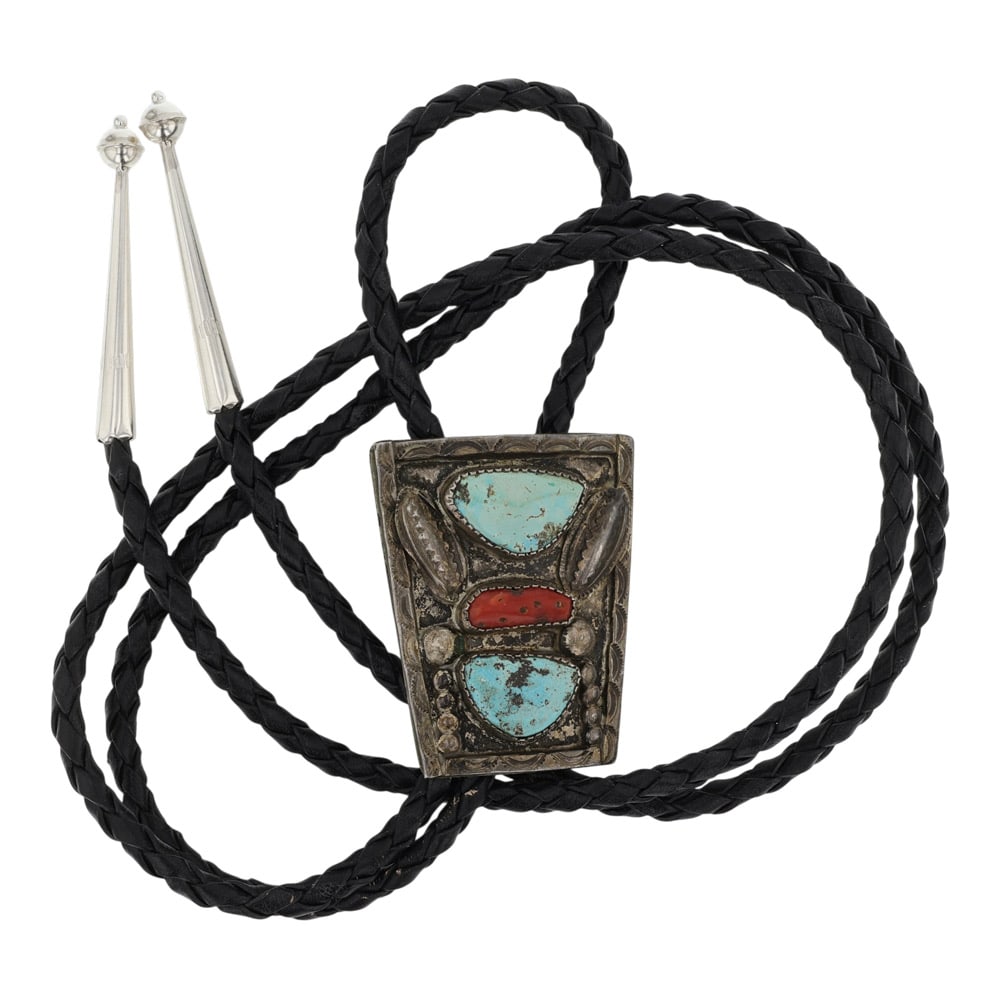 Vintage Navajo Turquoise & Coral Bolo Tie: Sterling Silver | Genuine Turquoise & Coral | Vintage Navajo Turquoise & Coral Bolo Tie | Navajo Native American Southwest Indian Jewelry | Good (no breaks or damages) | Approximate Weight: 33 Grams