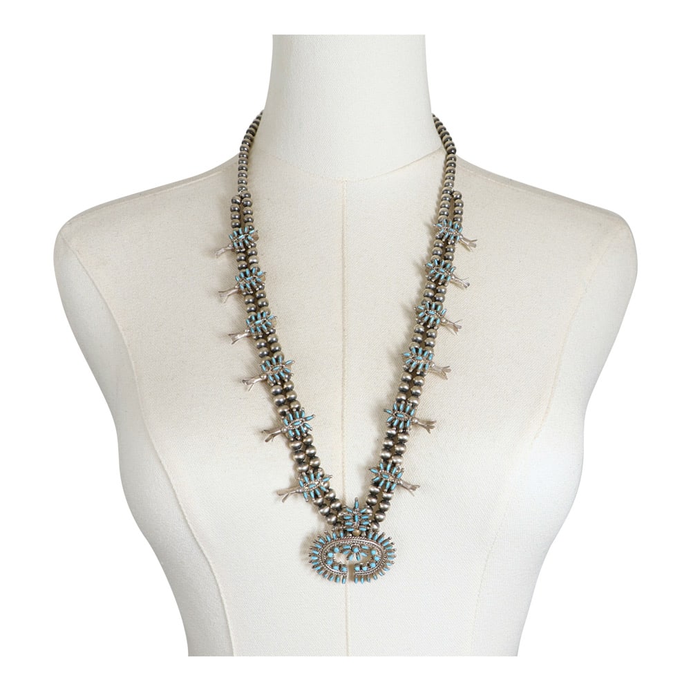 Norman Jr. & Virginia Hooee Zuni Sleeping Beauty Turquoise Needlepoint Squash Blossom Necklace: Sterling Silver | Genuine Sleeping Beauty Turquoise | Norman Jr. & Virginia Hooee Zuni Sleeping Beauty Turquoise Needlepoint Squash Blossom Necklace | Zuni Native American Southwest Indian Jewelry | G