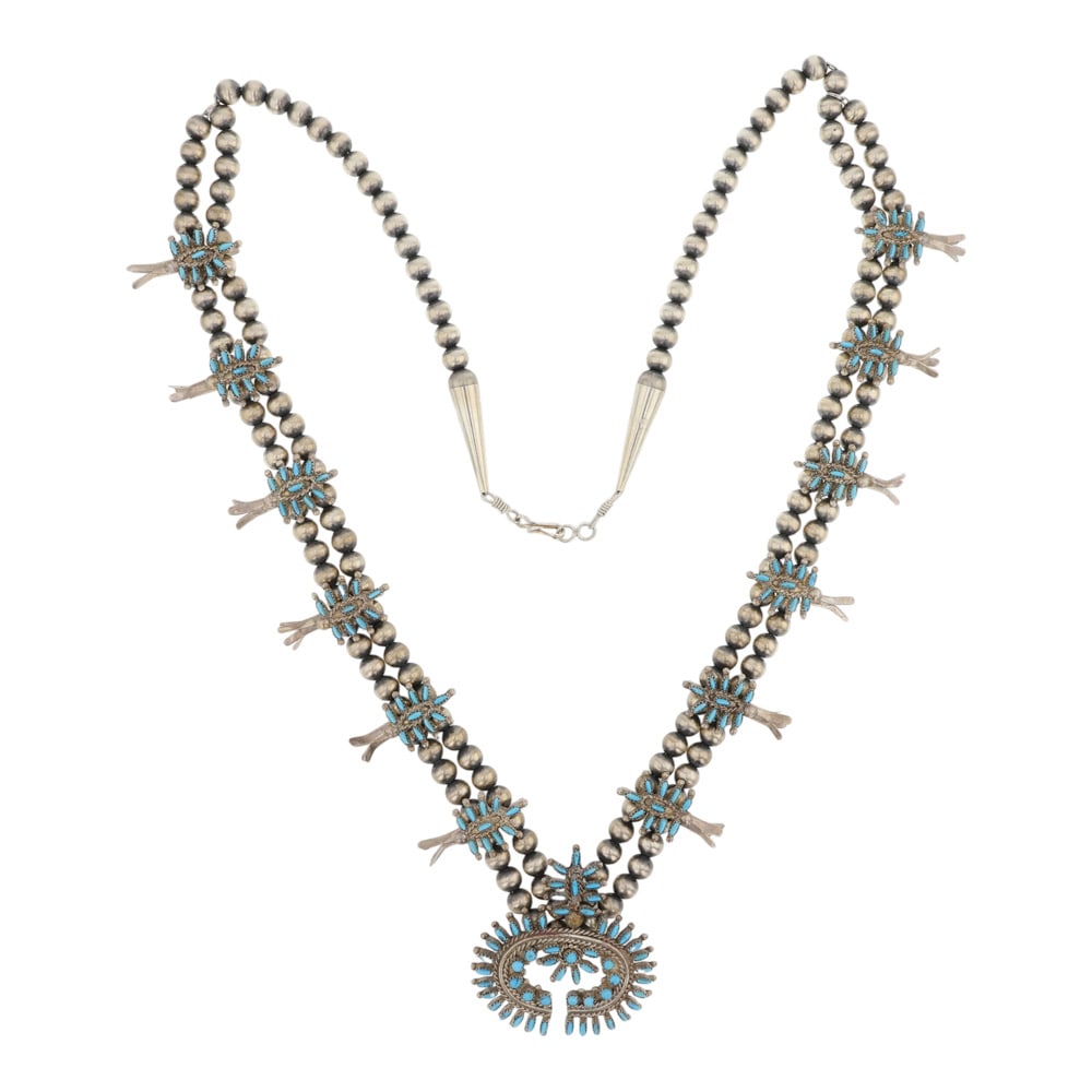 Norman Jr. & Virginia Hooee Zuni Sleeping Beauty Turquoise Needlepoint Squash Blossom Necklace - 2