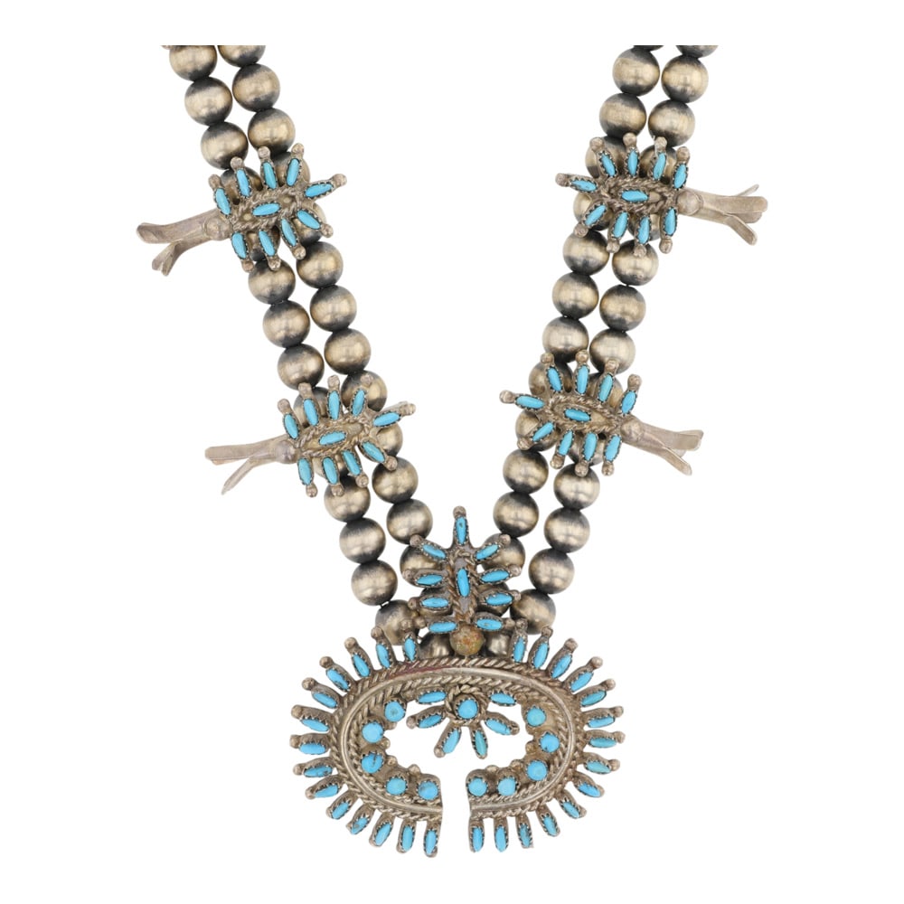 Norman Jr. & Virginia Hooee Zuni Sleeping Beauty Turquoise Needlepoint Squash Blossom Necklace - 3