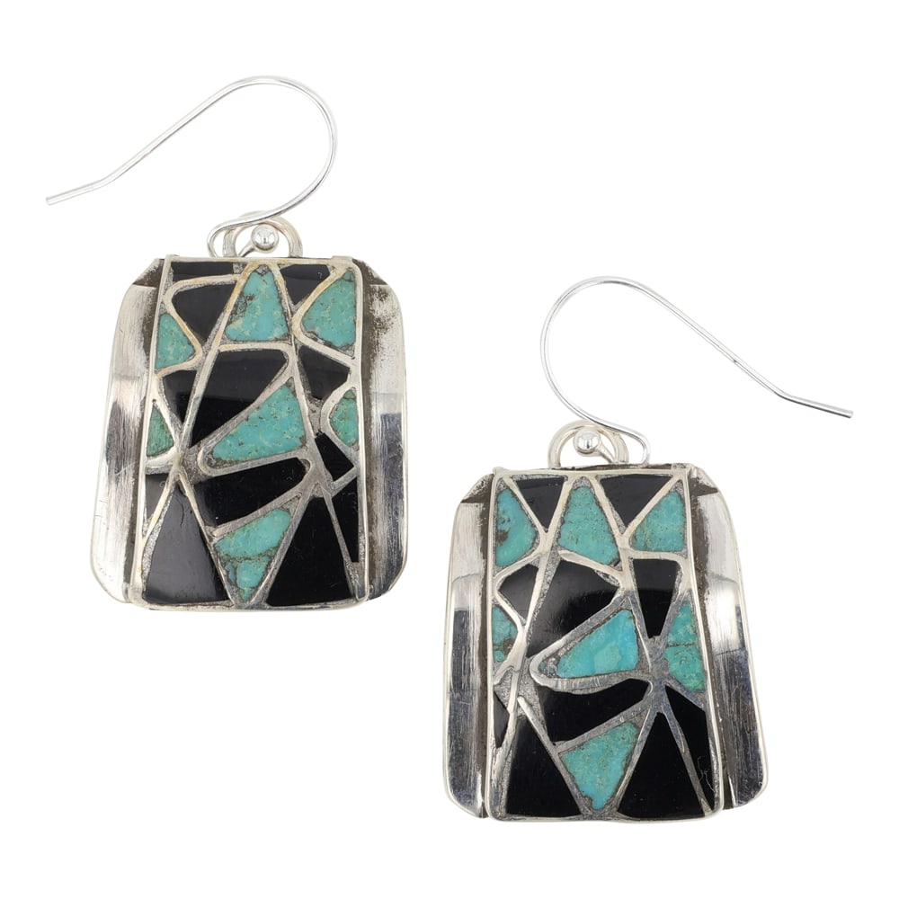 Navajo Turquoise & Jet Inlay Earrings: Sterling Silver | Genuine Turquoise & Jet | Navajo Turquoise & Jet Inlay Earrings | Navajo Native American Southwest Indian Jewelry | Good (no breaks or damages) | Approximate Weight: 9 Grams | Earrin