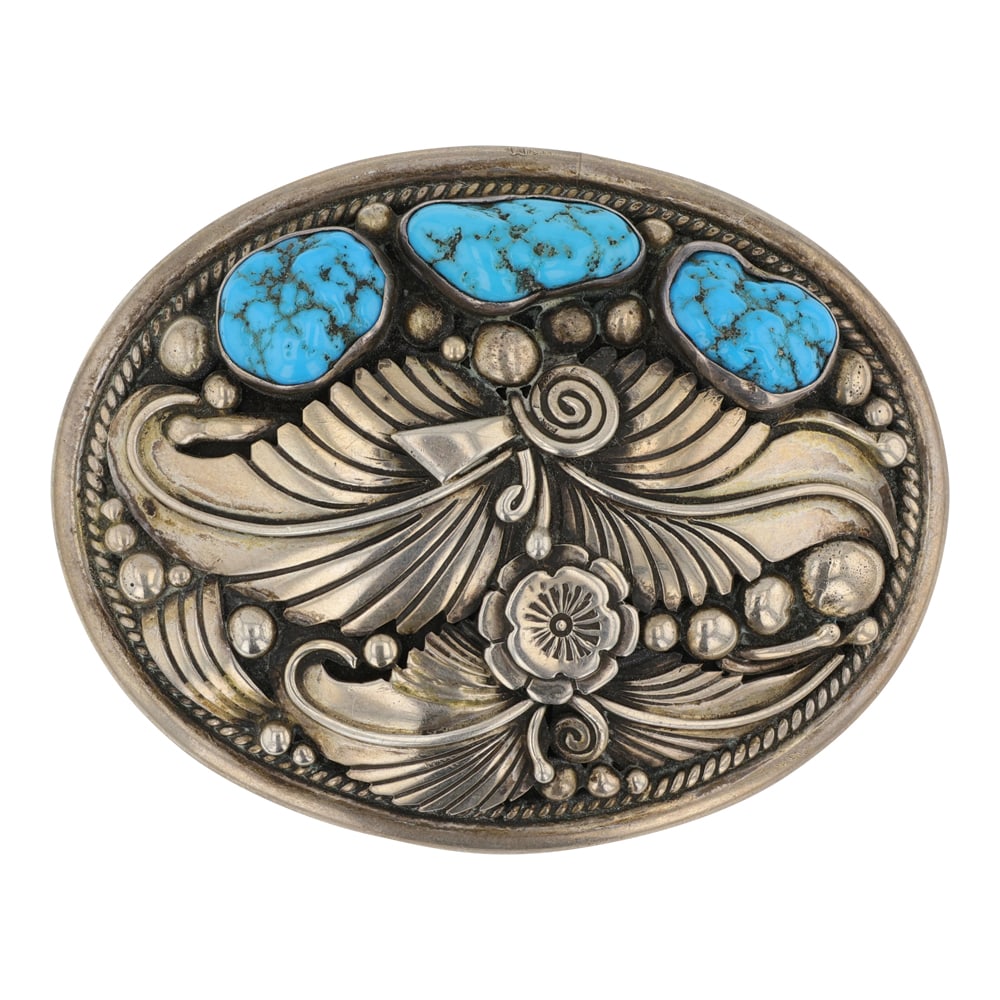 Jones Delagarito Vintage Kingman Turquoise Leaf Work Belt Buckle: Sterling Silver | Genuine Kingman Turquoise | Jones Delagarito Vintage Kingman Turquoise Leaf Work Belt Buckle | Navajo Native American Southwest Indian Jewelry | Good (no breaks or damages) |