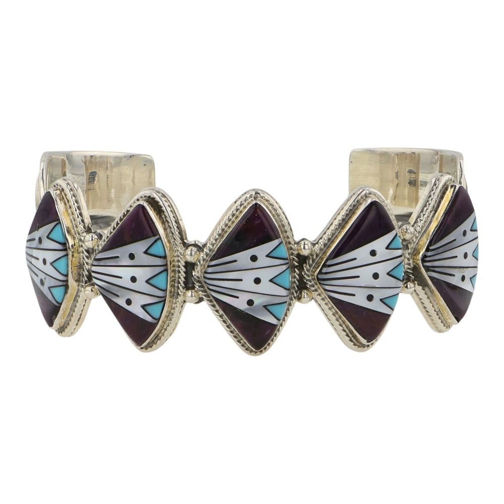 Wallace Yazzie Jr. Navajo Turquoise MoP & Shell Intricate Inlay Bracelet: Sterling Silver | Genuine Turquoise, Mother of Pearl & Shell | Wallace Yazzie Jr. Navajo Turquoise MoP & Shell Intricate Inlay Bracelet | Navajo Native American Southwest Indian Jewelry | Good (no bre