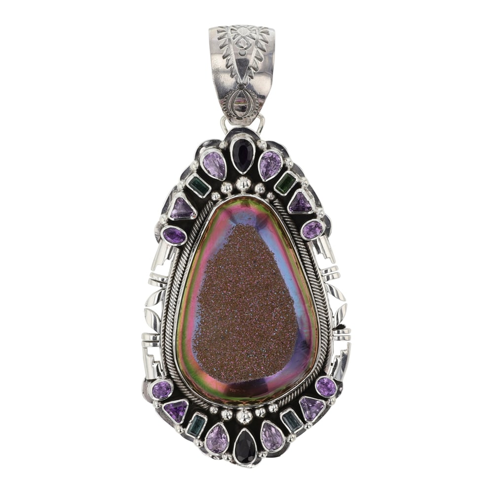 Paul Livingston Navajo Amethyst Tourmaline & Druzy Quartz Pendant: Sterling Silver | Genuine Tourmaline & Druzy Quartz | Paul Livingston Navajo Amethyst Tourmaline & Druzy Quartz Pendant | Navajo Native American Southwest Indian Jewelry | Good (no breaks or damages)