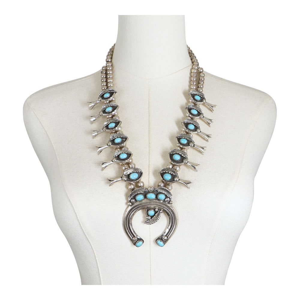 Alfred Long Vintage Navajo Kingman Turquoise Squash Blossom Necklace: Sterling Silver | Genuine Kingman Turquoise | Alfred Long Vintage Navajo Kingman Turquoise Squash Blossom Necklace | Navajo Native American Southwest Indian Jewelry | Good (no breaks or damages) | App