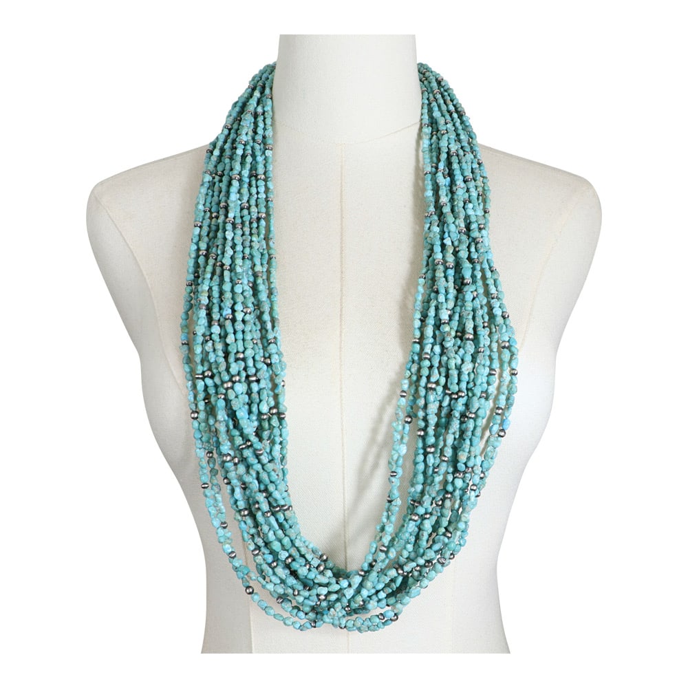 Navajo Kingman Turquoise & Oxidized Beads Large 20 Strand Necklace: Sterling Silver | Genuine Kingman Turquoise | Navajo Kingman Turquoise & Oxidized Beads Large 20 Strand Necklace | Navajo Native American Southwest Indian Jewelry | Good (no breaks or damages) | Appro