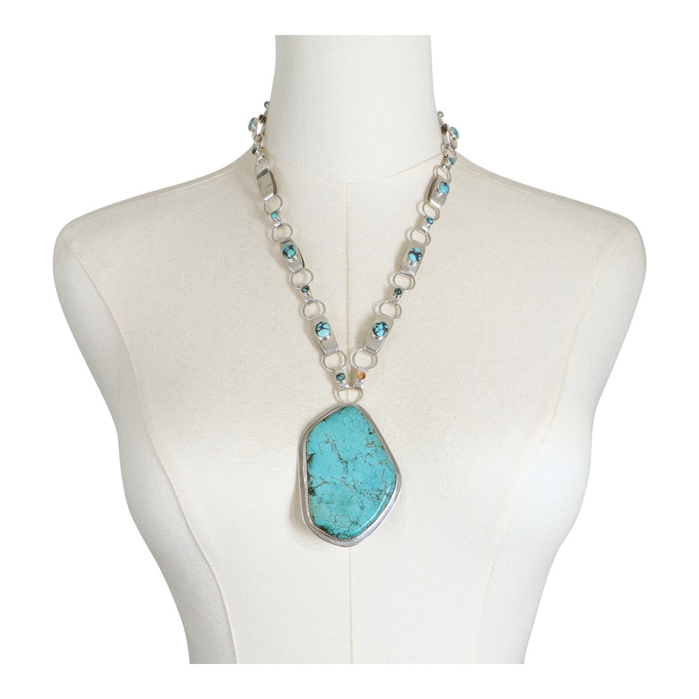 Navajo Hubei Turquoise Contemporary Necklace: Sterling Silver | Genuine Hubei Turquoise | Navajo Hubei Turquoise Contemporary Necklace | Navajo Native American Southwest Indian Jewelry | Good (no breaks or damages) | Approximate Weight: 95 Grams 