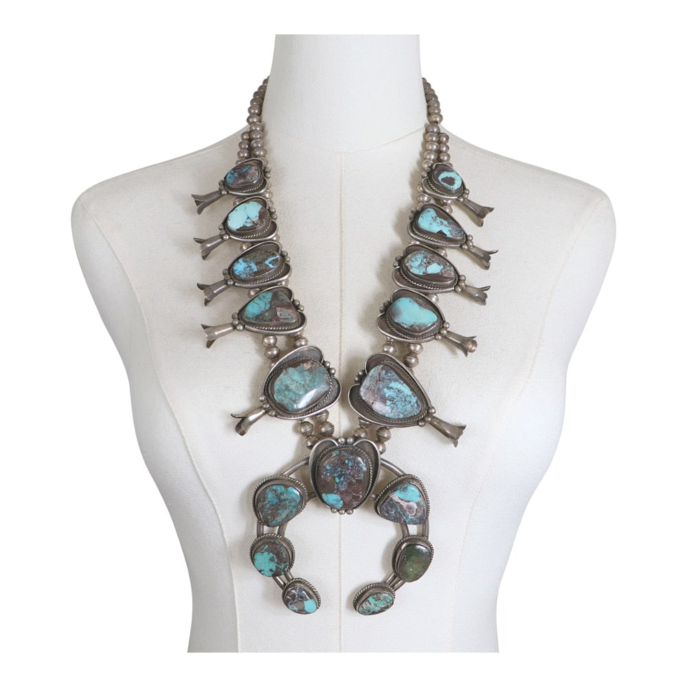 Vintage Navajo 1970's Smoky Bisbee Turquoise Squash Blossom Necklace: Sterling Silver | Genuine Smoky Bisbee Turquoise | Vintage Navajo 1970's Smoky Bisbee Turquoise Squash Blossom Necklace | Navajo Native American Southwest Indian Jewelry | Good (no breaks or damages) 