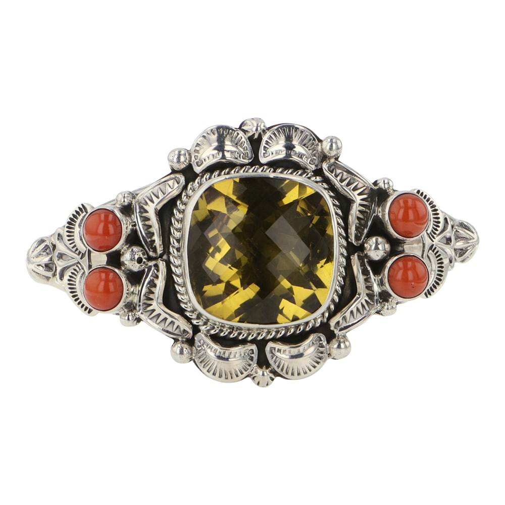 RB Navajo Coral & Faceted Citrine Cuff Bracelet: Sterling Silver | Genuine Coral & Faceted Citrine | RB Navajo Coral & Faceted Citrine Cuff Bracelet | Navajo Native American Southwest Indian Jewelry | Good (no breaks or damages) | Approximate Weight