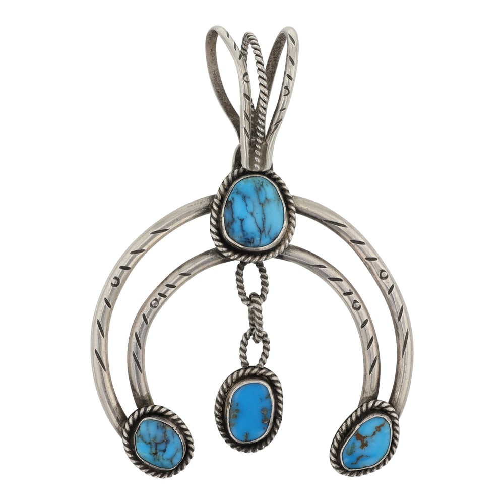 Navajo Campitos Turquoise Naja Pendant: Sterling Silver | Genuine Campitos Turquoise | Navajo Campitos Turquoise Naja Pendant | Navajo Native American Southwest Indian Jewelry | Good (no breaks or damages) | Approximate Weight: 45 Grams | P