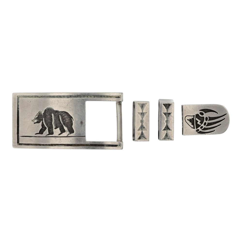 Vintage Hopi Overlay Bear Ranger Buckle Set: Sterling Silver | | Vintage Hopi Overlay Bear Ranger Buckle Set | Hopi Native American Southwest Indian Jewelry | Good (no breaks or damages) | Approximate Weight: 61 Grams | Buckle: 3" x 1.5" |