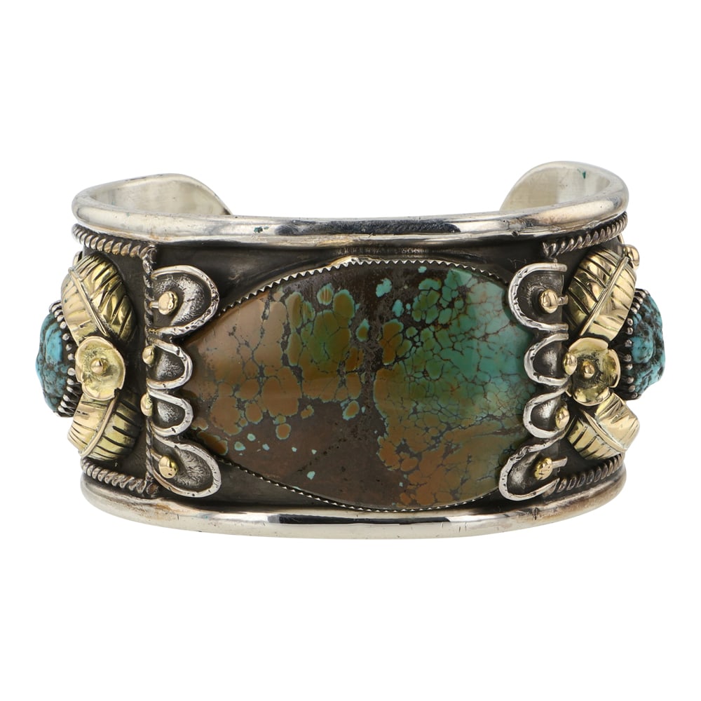 Vintage Navajo Sterling Silver & Gold Filled Hubei Turquoise Large Cuff Bracelet (1 of 3)