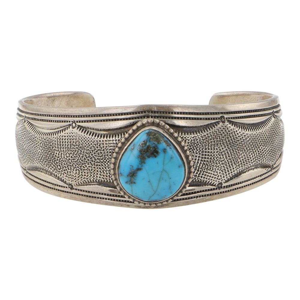 Wallace Yazzie Jr. Navajo Ithaca Peak Turquoise Fine Stamp-Work Cuff Bracelet (1 of 3)