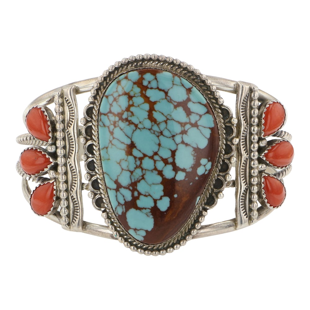 Micheal Calladito Navajo Prince Turquoise & Mediterranean Coral Cuff Bracelet (1 of 3)