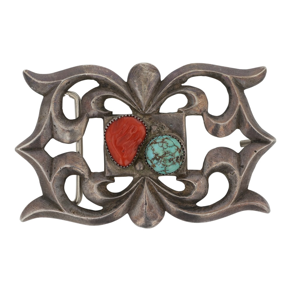 Vintage Navajo Turquoise & Coral Sandcast Belt Buckle: Sterling Silver | Genuine Turquoise & Coral | Vintage Navajo Turquoise & Coral Sandcast Belt Buckle | Navajo Native American Southwest Indian Jewelry | Good (no breaks or damages) | Approximate Weight