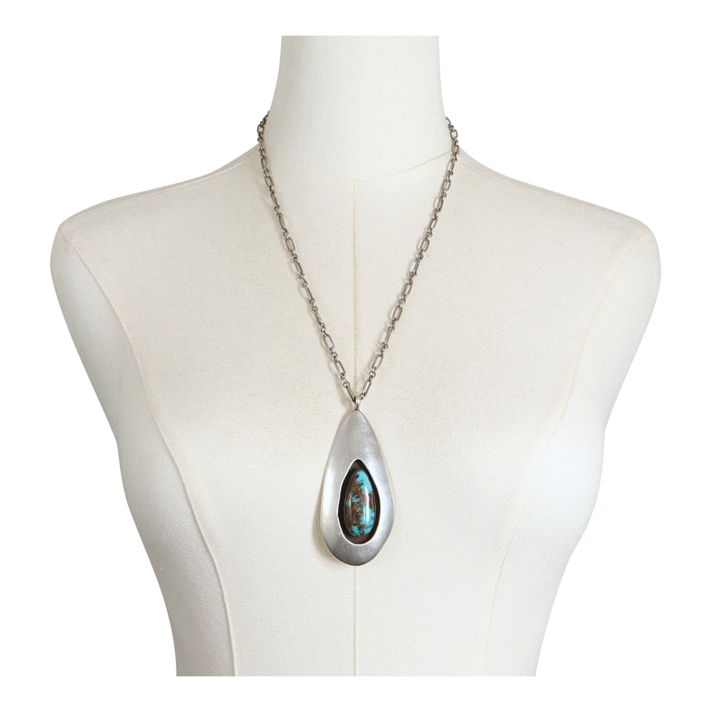Vintage Navajo Bisbee Turquoise Shadowbox Necklace: Sterling Silver | Genuine Bisbee Turquoise | Vintage Navajo Bisbee Turquoise Shadowbox Necklace | Navajo Native American Southwest Indian Jewelry | Good (no breaks or damages) | Approximate Weight: 48