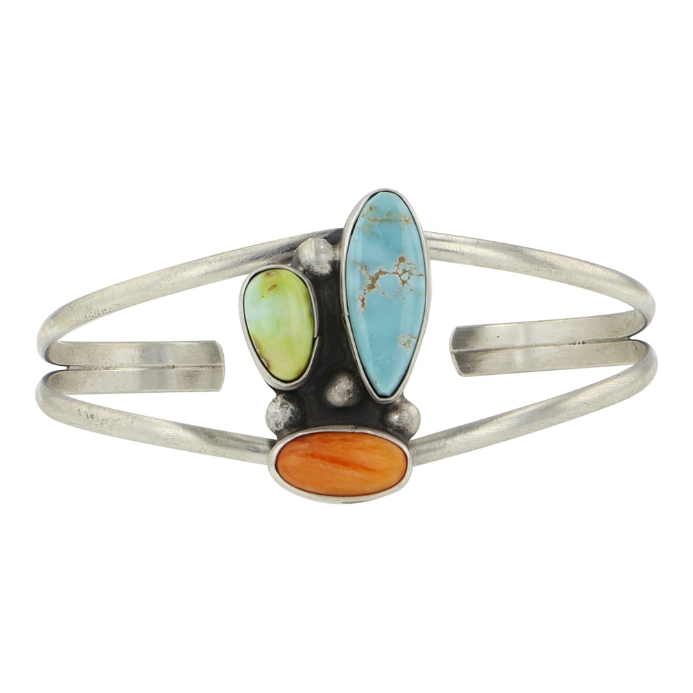 Danny Henio Navajo Turquoise Spiny Oyster & Palomino Variscite Bracelet: Sterling Silver | Genuine Turquoise, Spiny Oyster & Palomino Variscite | Danny Henio Navajo Turquoise Spiny Oyster & Palomino Variscite Bracelet | Navajo Native American Southwest Indian Jewelry | Goo