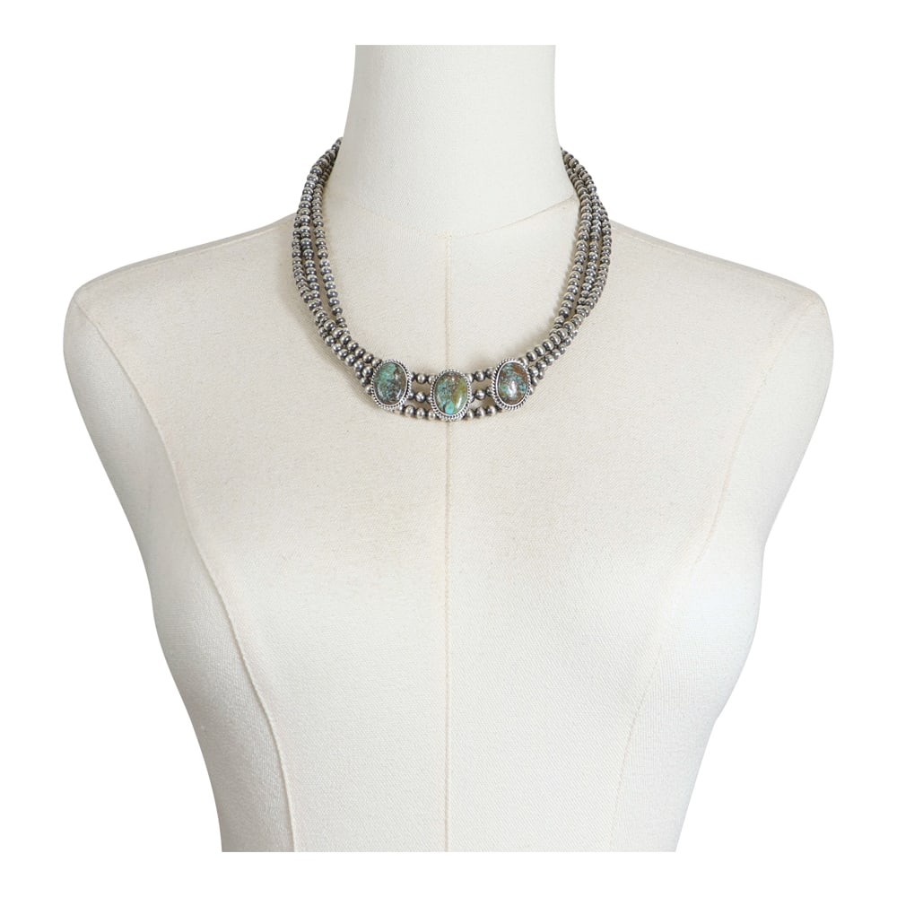Navajo Nevada Turquoise & Oxidized Beads Three Stone Choker Necklace: Sterling Silver | Genuine Nevada Turquoise | Navajo Nevada Turquoise & Oxidized Beads Three Stone Choker Necklace | Navajo Native American Southwest Indian Jewelry | Good (no breaks or damages) | Appr