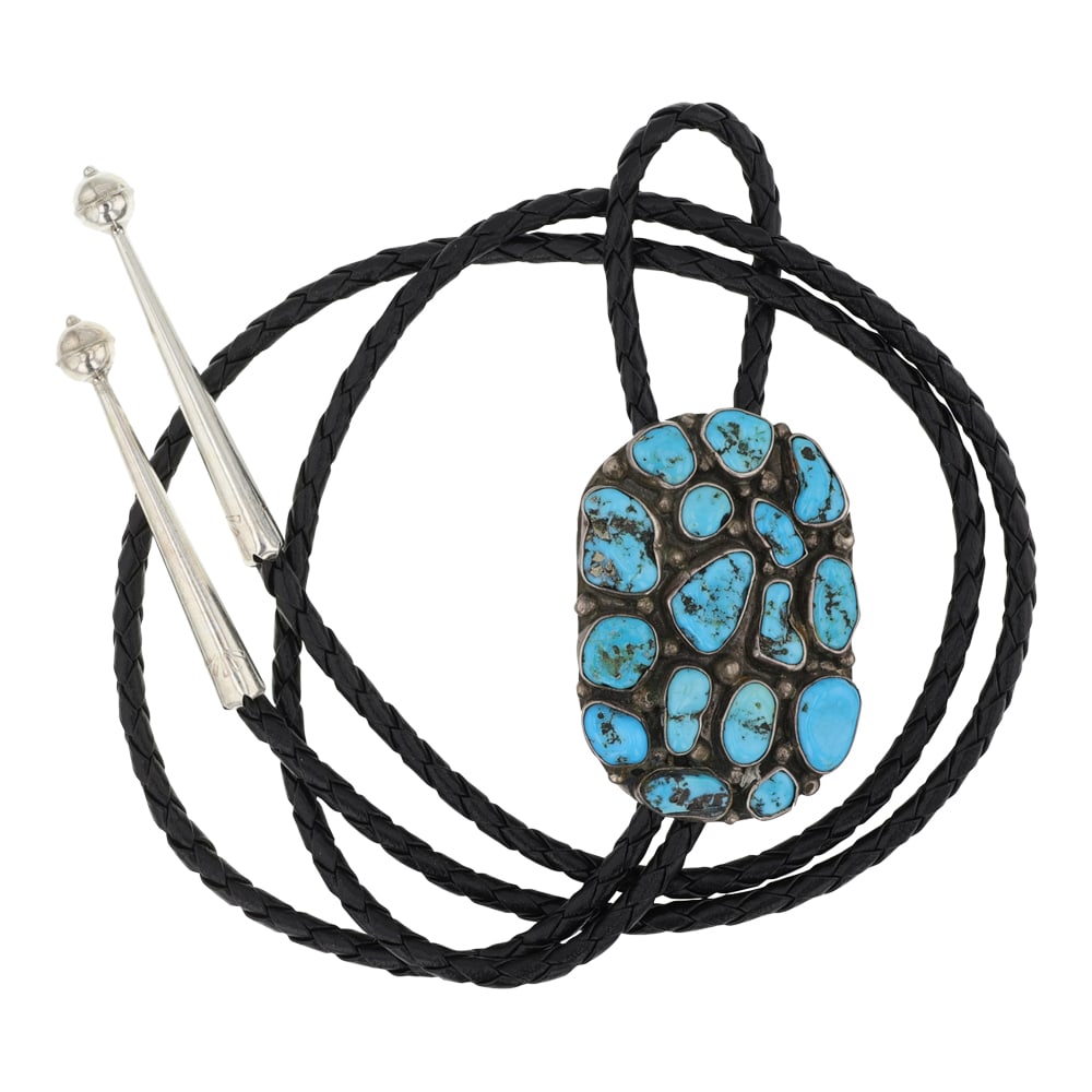 Delbert Chatter Vintage Navajo Kingman Turquoise Bolo Tie: Sterling Silver | Genuine Kingman Turquoise | Delbert Chatter Vintage Navajo Kingman Turquoise Bolo Tie | Navajo Native American Southwest Indian Jewelry | Good (no breaks or damages) | Approximate We