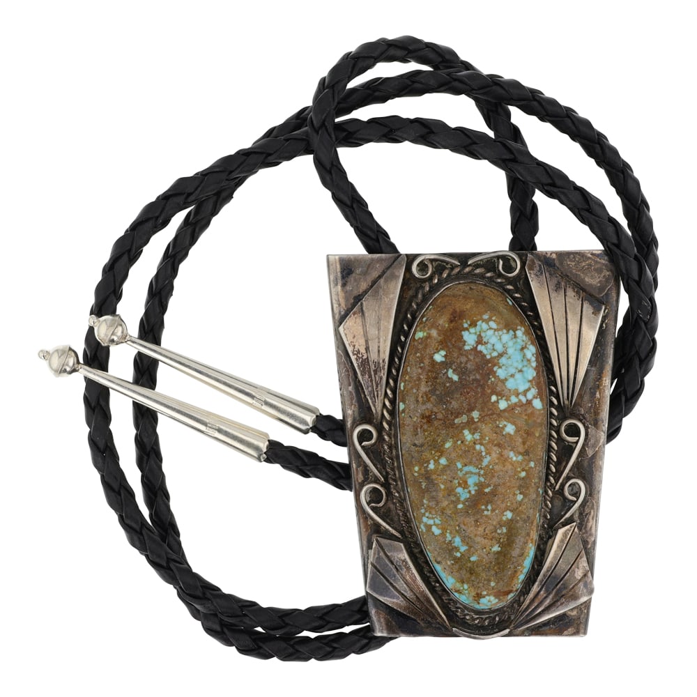 Vintage Navajo Number Eight Turquoise Bolo Tie: Sterling Silver | Genuine Number Eight Turquoise | Vintage Navajo Number Eight Turquoise Bolo Tie | Navajo Native American Southwest Indian Jewelry | Good (no breaks or damages) | Approximate Weight: 