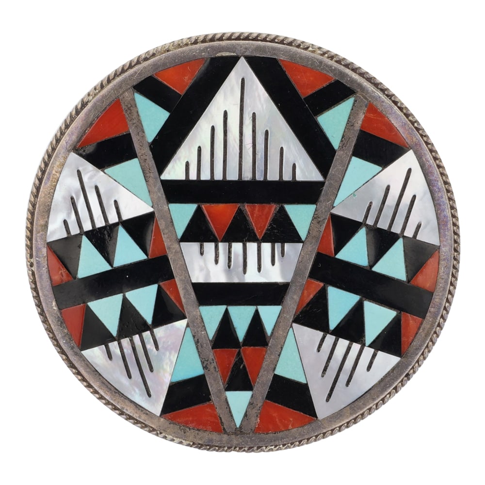 Leander & Lisa Othole Zuni Turquoise Coral Acoma Jet & MoP Inlay Pin / Pendant: Sterling Silver | Genuine Turquoise, Coral, Acoma Jet & Mother of Pearl | Leander & Lisa Othole Zuni Turquoise Coral Acoma Jet & MoP Inlay Pin / Pendant | Zuni Native American Southwest Indian Jewelry
