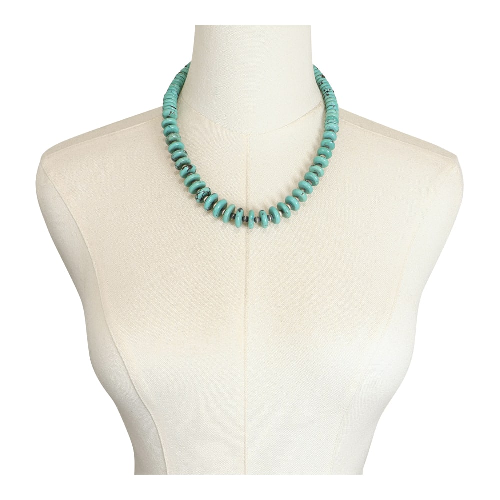 Navajo Campitos Turquoise Disks & Oxidized Beads Necklace: Sterling Silver | Genuine Campitos Turquoise | Navajo Campitos Turquoise Disks & Oxidized Beads Necklace | Navajo Native American Southwest Indian Jewelry | Good (no breaks or damages) | Approximate W