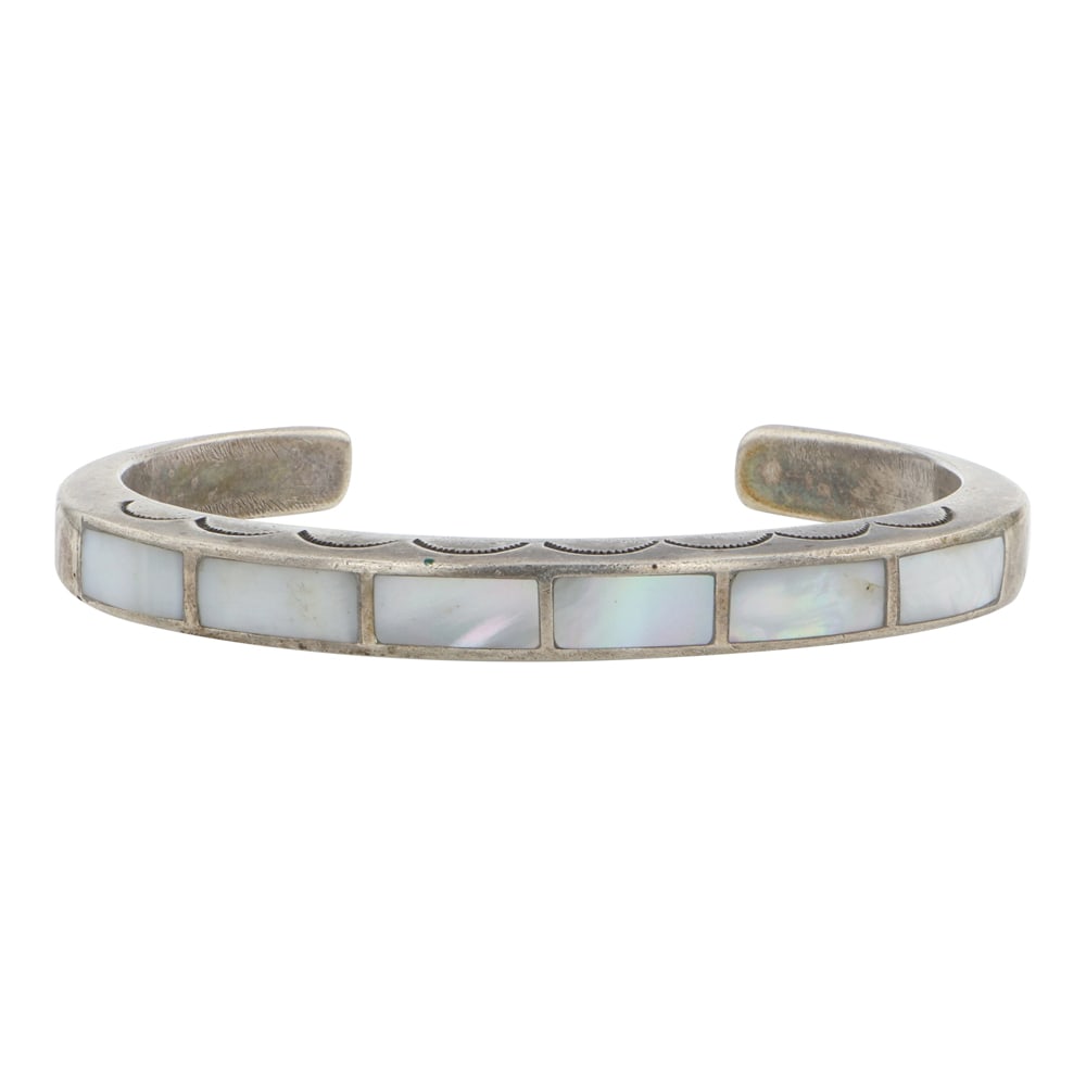 Vintage Zuni MoP Inlay Bracelet: Sterling Silver | Genuine Mother of Pearl | Vintage Zuni MoP Inlay Bracelet | Zuni Native American Southwest Indian Jewelry | Good (no breaks or damages) | Approximate Weight: 25 Grams | Bracelet: 5" 