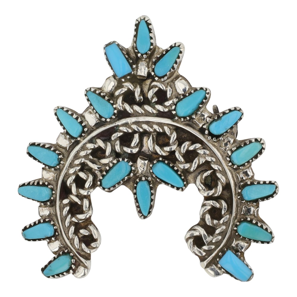 Vintage Zuni Sleeping Beauty Turquoise Needlepoint Naja Pin/ Pendant: Sterling Silver | Genuine Sleeping Beauty Turquoise | Vintage Zuni Sleeping Beauty Turquoise Needlepoint Naja Pin/ Pendant | Zuni Native American Southwest Indian Jewelry | Good (no breaks or damages)