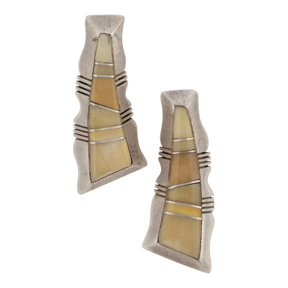 Jerry Nelson Award Winning Artist Fossilized Coral Inlay Earrings: Sterling Silver | Genuine Fossilzed Coral | Jerry Nelson Award Winning Artist Fossilized Coral Inlay Earrings | Navajo Native American Southwest Indian Jewelry | Good (no breaks or damages) | Approxim