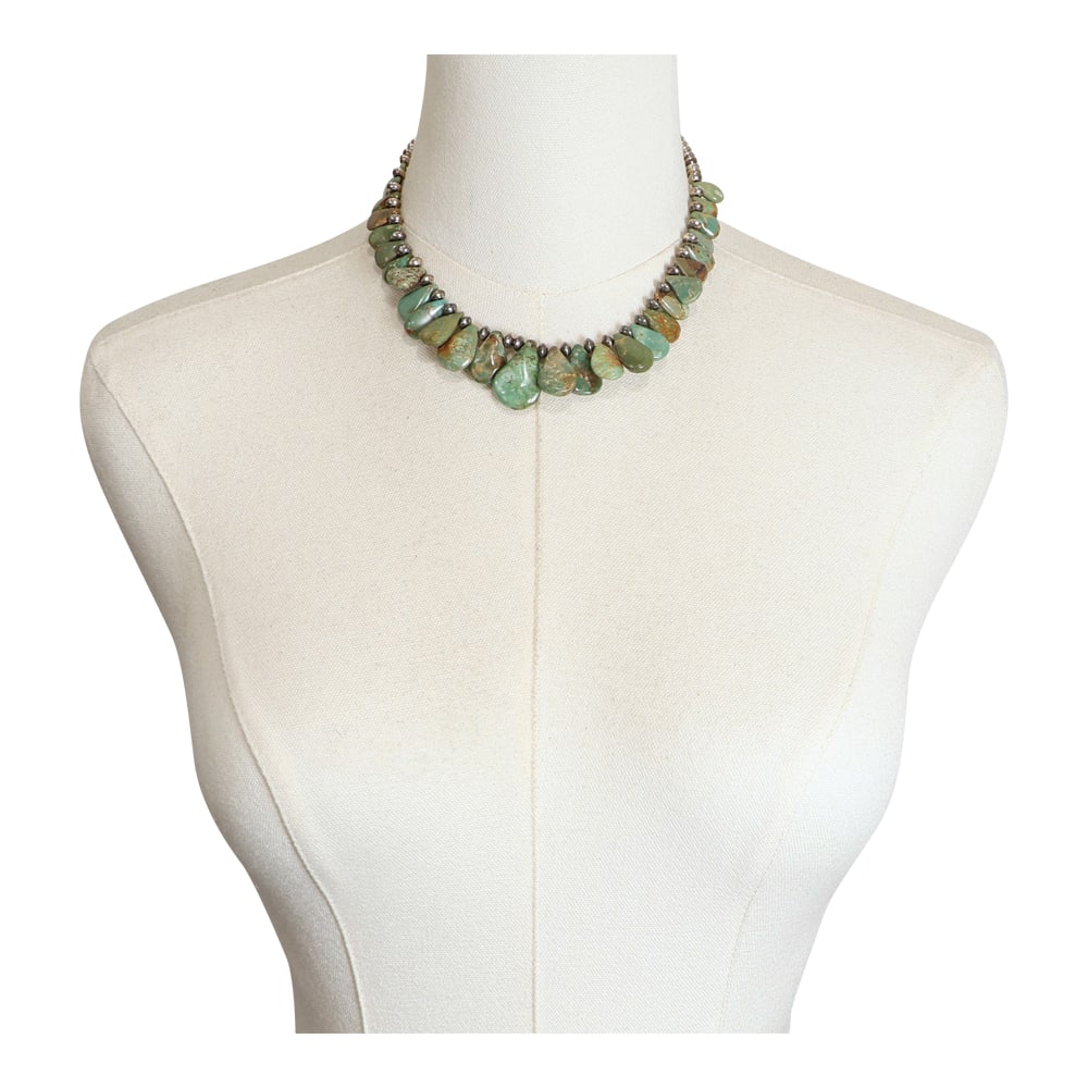 Navajo Nevada Turquoise Tear Drops & Oxidized Beads Choker Necklace: Sterling Silver | Genuine Nevada Turquoise | Navajo Nevada Turquoise Tear Drops & Oxidized Beads Choker Necklace | Navajo Native American Southwest Indian Jewelry | Good (no breaks or damages) | Appro