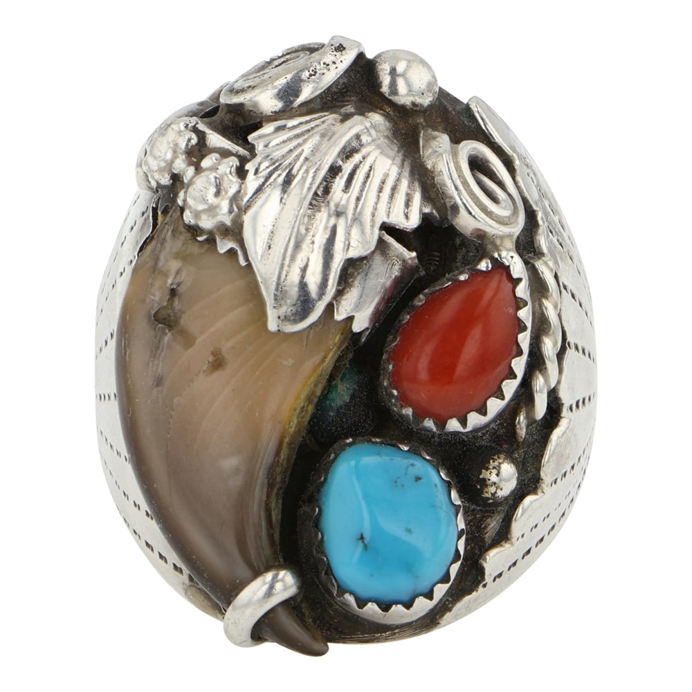 Navajo Turquoise & Coral Bear Claw Ring (1 of 3)