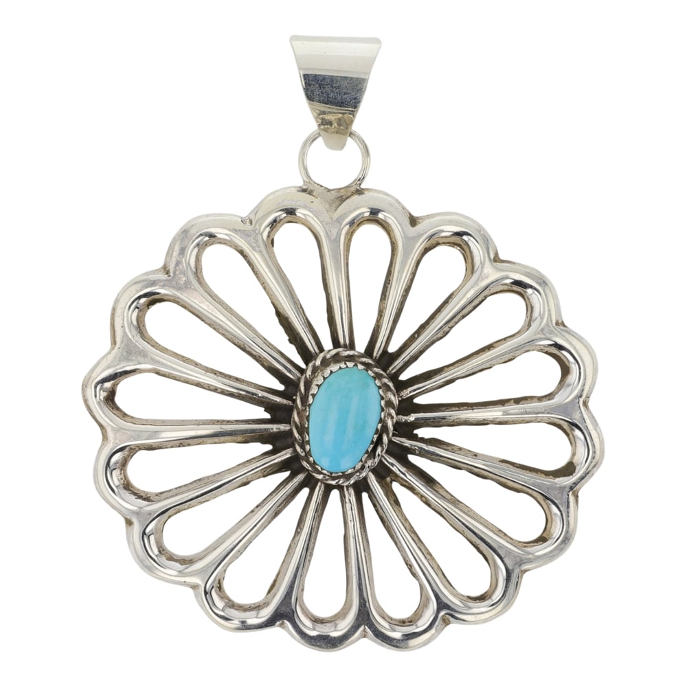 Navajo Kingman Turquoise Sandcast Pendant: Sterling Silver | Genuine Kingman Turquoise | Navajo Kingman Turquoise Sandcast Pendant | Navajo Native American Southwest Indian Jewelry | Good (no breaks or damages) | Approximate Weight: 28 Grams |