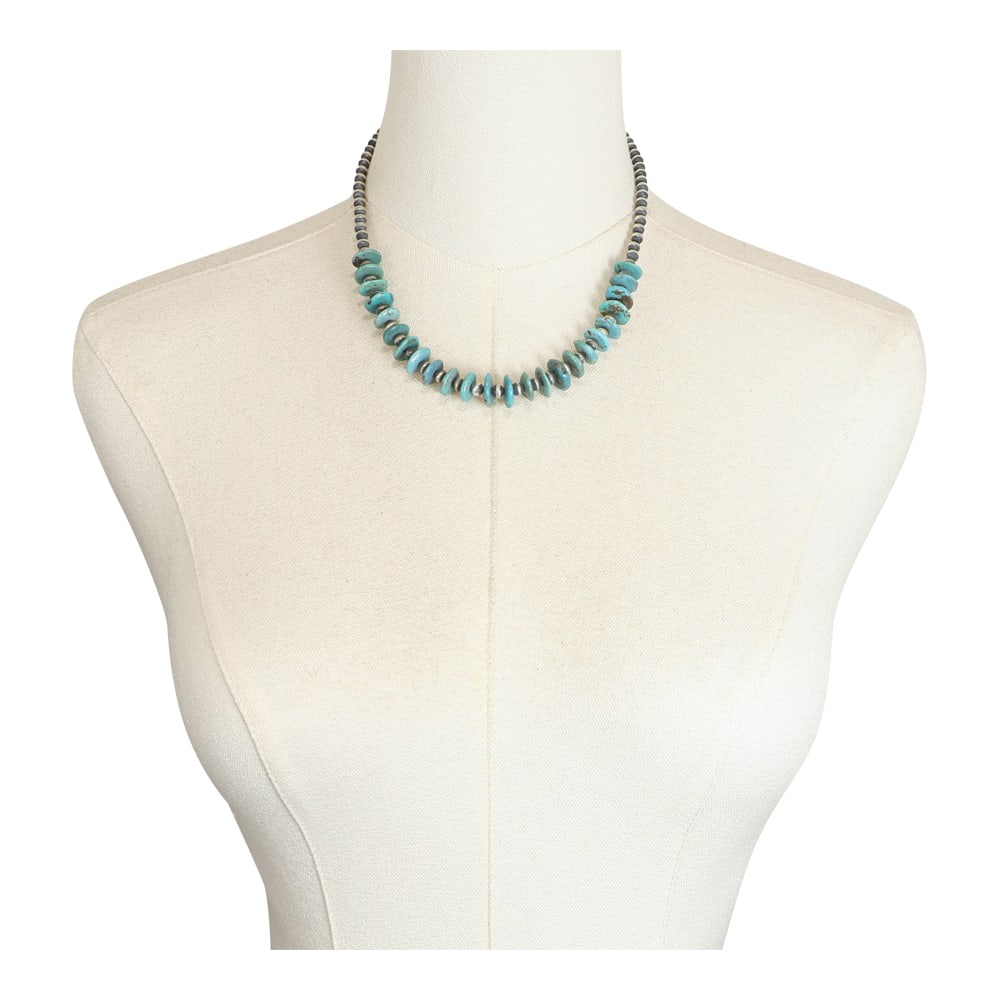 Navajo Nevada Turquoise & Oxidized Beads Disks Necklace: Sterling Silver | Genuine Nevada Turquoise | Navajo Nevada Turquoise & Oxidized Beads Disks Necklace | Navajo Native American Southwest Indian Jewelry | Good (no breaks or damages) | Approximate Weigh