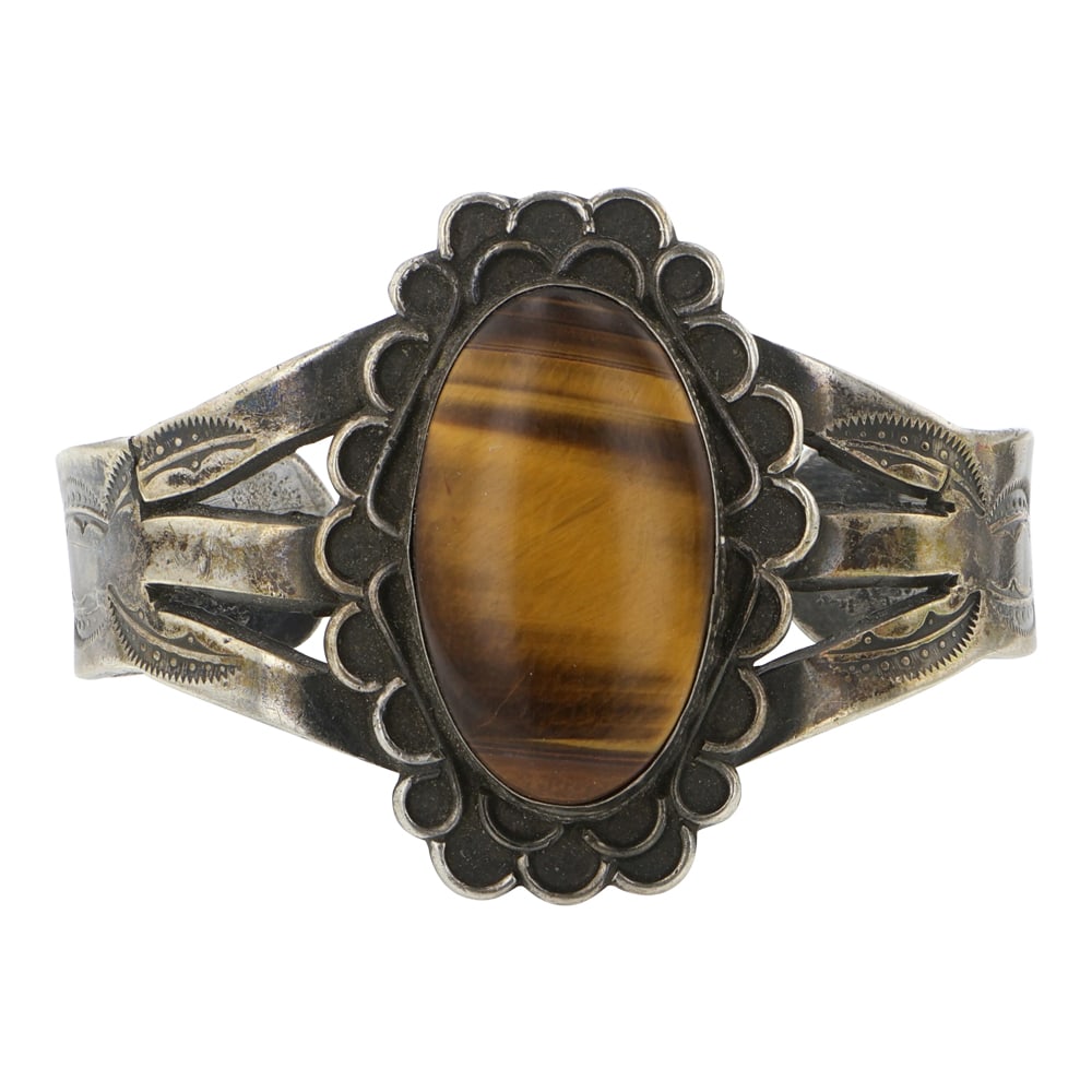 Vintage Fred Harvey Era Tiger's Eye Cuff Bracelet: Sterling Silver | Tiger's Eye | Vintage Fred Harvey Era Tiger's Eye Cuff Bracelet | Navajo Native American Southwest Indian Jewelry | Good (no breaks or damages) | Approximate Weight: 33 Grams | Brace