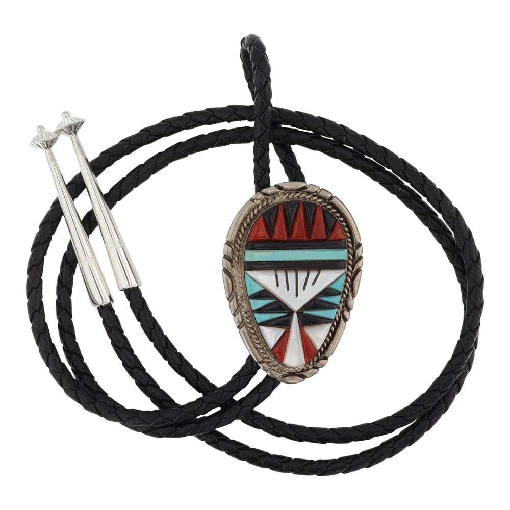 Zuni Turquoise Coral MoP & Acoma Jet Inlay Bolo Tie: Sterling Silver | Genuine Turquoise, Coral, Mother of Pearl & Acoma Jet | Zuni Turquoise Coral MoP & Acoma Jet Inlay Bolo Tie | Zuni Native American Southwest Indian Jewelry | Good (no breaks or damag