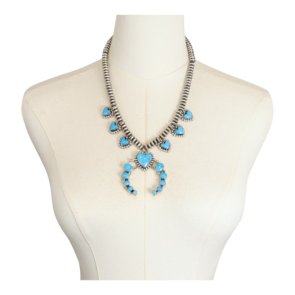 Navajo Blue Ridge Turquoise Handmade Beads Heart Naja Necklace: Sterling Silver | Genuine Blue Ridge Turquoise | Navajo Blue Ridge Turquoise Handmade Beads Heart Naja Necklace | Navajo Native American Southwest Indian Jewelry | Good (no breaks or damages) | Approx
