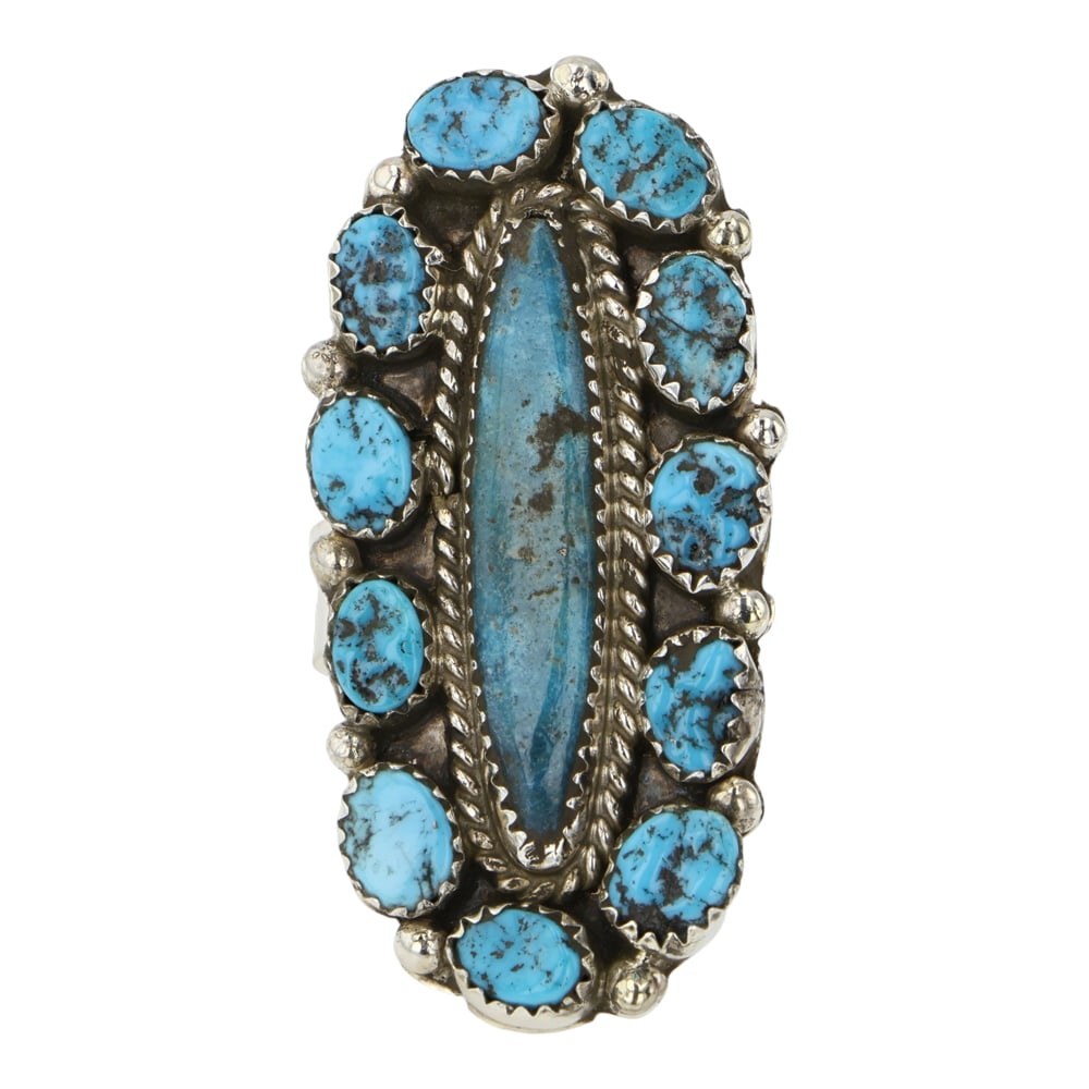 Navajo Kingman Turquoise Cluster Adjustable Ring: Sterling Silver | Genuine Kingman Turquoise | Navajo Kingman Turquoise Cluster Adjustable Ring | Navajo Native American Southwest Indian Jewelry | Good (no breaks or damages) | Approximate Weight: 15 