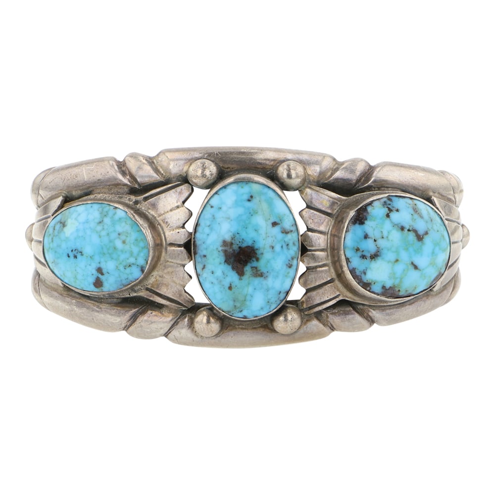 Vintage Navajo Water Web Kingman Turquoise Three Stone Heavy Cuff Bracelet (1 of 3)