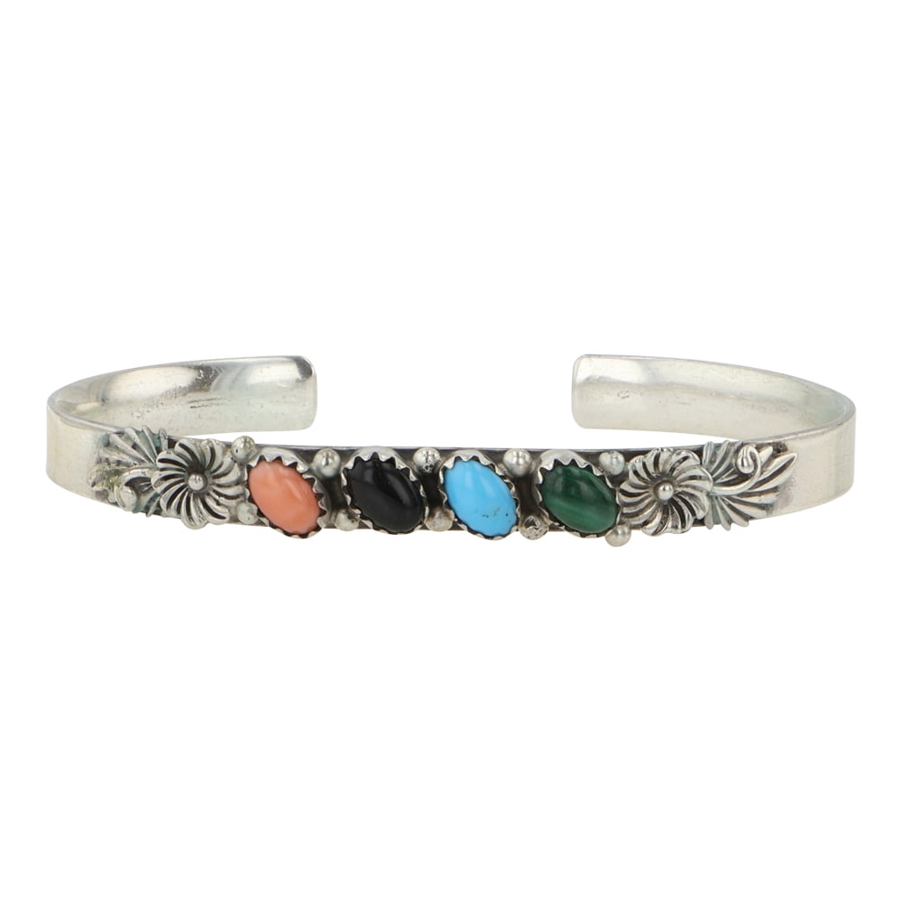 Navajo Turquoise Coral Malachite & Onyx Bracelet: Sterling Silver | Genuine Turquoise, Coral, Malachite & Onyx | Navajo Turquoise Coral Malachite & Onyx Bracelet | Navajo Native American Southwest Indian Jewelry | Good (no breaks or damages) | Approx
