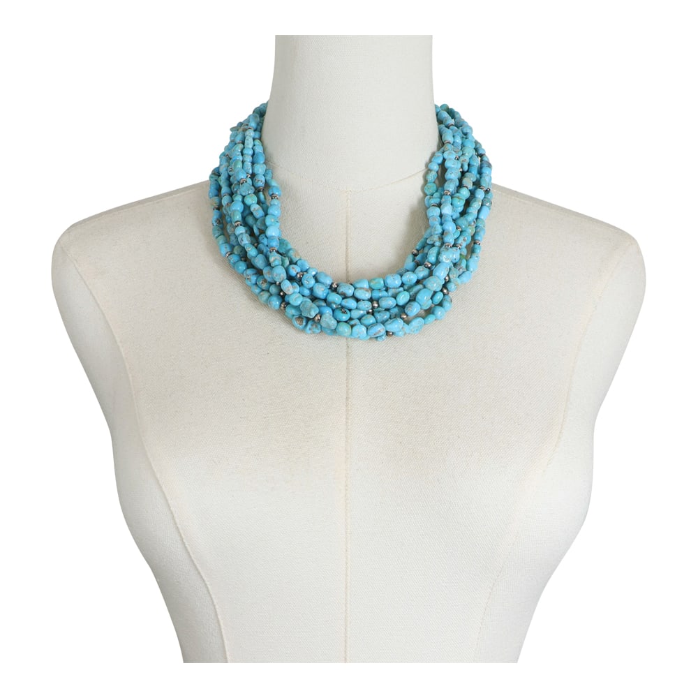 Navajo Kingman Turquoise & Oxidized Beads 10 Strand Nugget Necklace: Sterling Silver | Genuine Kingman Turquoise | Navajo Kingman Turquoise & Oxidized Beads 10 Strand Nugget Necklace | Navajo Native American Southwest Indian Jewelry | Good (no breaks or damages) | Appr